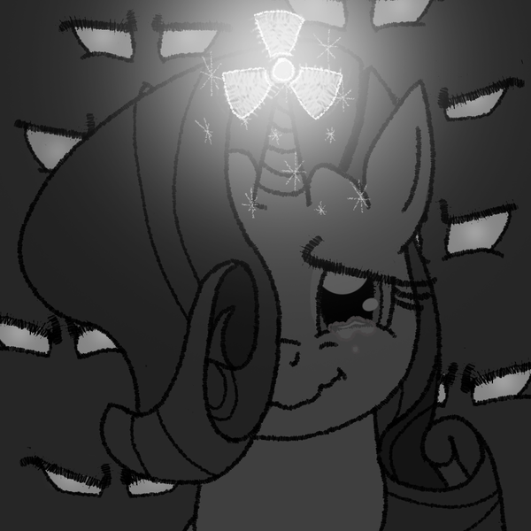 Size: 962x962 | Tagged: safe, artist:1611volk, derpibooru import, rarity, changeling, pony, unicorn, g4, crying, ears up, feels, female, hero, heroic sacrifice, horn, image, imminent death, imminent explosion, magic, mare, monochrome, nuclear, png, sad, self sacrifice, simple background, smiling, spell, surrounded, teary eyes, this will end in death, this will end in explosions, this will end in tears, this will end in tears and/or death