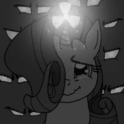 Size: 962x962 | Tagged: safe, artist:1611volk, derpibooru import, rarity, changeling, pony, unicorn, g4, crying, ears up, feels, female, hero, heroic sacrifice, horn, image, imminent death, imminent explosion, magic, mare, monochrome, nuclear, png, sad, self sacrifice, simple background, smiling, spell, surrounded, teary eyes, this will end in death, this will end in explosions, this will end in tears, this will end in tears and/or death