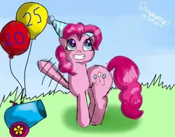 Size: 1338x1044 | Tagged: safe, artist:crispymlp, derpibooru import, pinkie pie, earth pony, pony, g4, 2025, balloon, female, hat, image, jpeg, party cannon, party hat