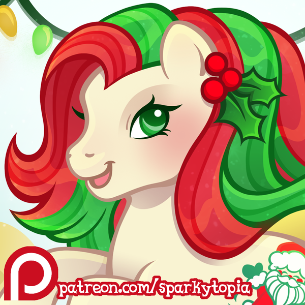 Size: 1200x1200 | Tagged: safe, artist:sparkytopia, derpibooru import, merry treat, earth pony, pony, g1, advertisement, cream coat, female, green eyes, image, looking at you, mare, multicolored hair, open mouth, open smile, patreon, patreon link, patreon preview, png, preview, smiling, solo, text