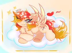 Size: 2626x1938 | Tagged: safe, artist:spirit-fireheart, derpibooru import, oc, unofficial characters only, pegasus, pony, cheek fluff, chest fluff, cloud, ear fluff, flirting, heart, image, looking at you, male, one eye closed, png, smiling, smiling at you, solo, wings, wink