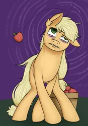 Size: 1668x2388 | Tagged: safe, artist:theedgyduck, derpibooru import, part of a set, applejack, earth pony, pony, series:leechlord draws every episode, applebuck season, g4, apple, bags under eyes, basket, dizzy, female, food, image, mare, messy hair, messy mane, missing accessory, missing hat, my little pony, no catchlights, part of a series, png, simple background, solo, tired