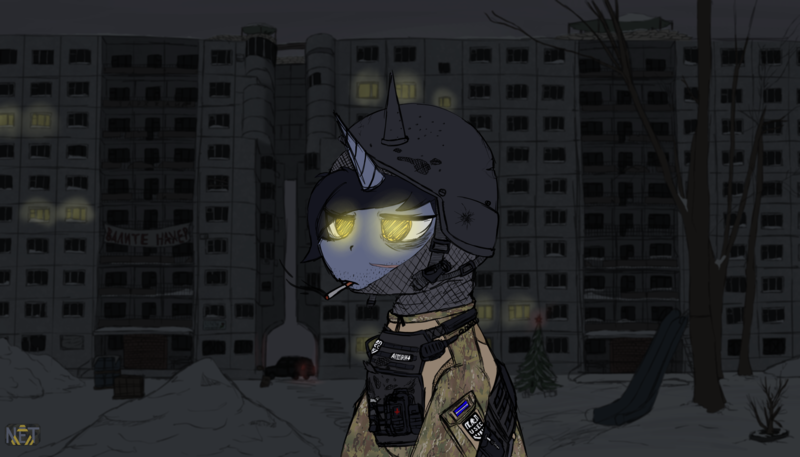 Size: 3500x2000 | Tagged: safe, artist:netango, derpibooru import, oc, oc:syntiset, unofficial characters only, pony, unicorn, armor, bag, bags, belt, blood type, camouflage, cigarette, clothes, colored sketch, crossover, doomer, escape from tarkov, glow, glowing eyes, high res, horn, image, male, medical bag, medicine, military, military uniform, outdoors, pants, patch, plate carrier, png, pony oc, scar, sitting, sketch, smoke, smoking, snow, solo, stallion, tactical, tired, unicorn oc, uniform