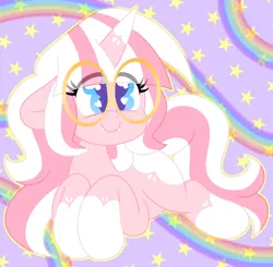 Size: 2000x1962 | Tagged: safe, artist:ladylullabystar, derpibooru import, oc, oc:lady lullaby star, pony, unicorn, fangs, female, glasses, horn, image, lying down, mare, png, prone, solo