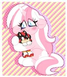 Size: 1289x1470 | Tagged: safe, artist:ladylullabystar, derpibooru import, oc, oc:lady lullaby star, pony, unicorn, blushing, female, horn, image, mare, plushie, png, shadow the hedgehog, solo, sonic the hedgehog (series)