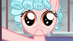 Size: 1280x720 | Tagged: safe, anonymous editor, derpibooru import, edit, edited screencap, screencap, cozy glow, pegasus, pony, g4, school raze, season 7, :c, christmas who?, cozy glow is best facemaker, crying, faic, female, filly, foal, front view, frown, image, jpeg, looking at you, meme, my little pony, ponified meme, reference, sad, sad face, sad spongebob, single tear, solo, spongebob reference, spongebob squarepants, wide eyes