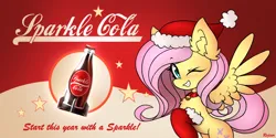 Size: 4060x2030 | Tagged: safe, artist:rejiser, derpibooru import, fluttershy, pegasus, pony, fallout equestria, g4, bell, bell collar, blushing, chest fluff, christmas, clothes, coca-cola, collar, cute, ear fluff, female, hat, holiday, image, looking at you, nuka cola, one eye closed, png, raised hoof, raised tail, santa hat, smiling, smiling at you, solo, sparkle cola, spread wings, stars, tail, wings, wink