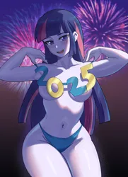 Size: 2900x4000 | Tagged: suggestive, artist:tzc, derpibooru import, twilight sparkle, human, equestria girls, g4, 2025, bedroom eyes, belly, belly button, blue underwear, blushing, breasts, busty twilight sparkle, clothes, female, fireworks, happy new year, happy new year 2025, holiday, image, looking at you, open mouth, panties, png, smiling, smiling at you, solo, solo female, strategically covered, underwear, wandering nipples