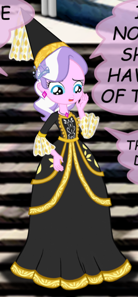 Size: 308x659 | Tagged: safe, artist:ponymaan, derpibooru import, diamond tiara, human, equestria girls, g4, clothes, dress, dressup, gown, hat, hennin, image, jewelry, long sleeves, necklace, png, princess, princess costume, princess dress, stairs