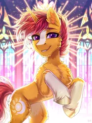 Size: 2700x3606 | Tagged: safe, artist:hakaina, derpibooru import, pony, unicorn, coat markings, concave belly, fluffy, hooves, horn, image, indoors, male, png, rearing, slender, socks (coat marking), solo, stallion, thin