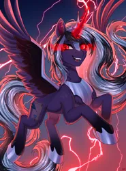 Size: 3000x4057 | Tagged: safe, artist:hakaina, derpibooru import, oc, unofficial characters only, alicorn, pony, armor, concave belly, crown, fangs, flying, glow, glowing horn, hoof shoes, horn, image, jewelry, lighting, long mane, long tail, open mouth, peytral, png, princess shoes, regalia, slender, solo, spread wings, tail, teeth, thin, wing armor, wings