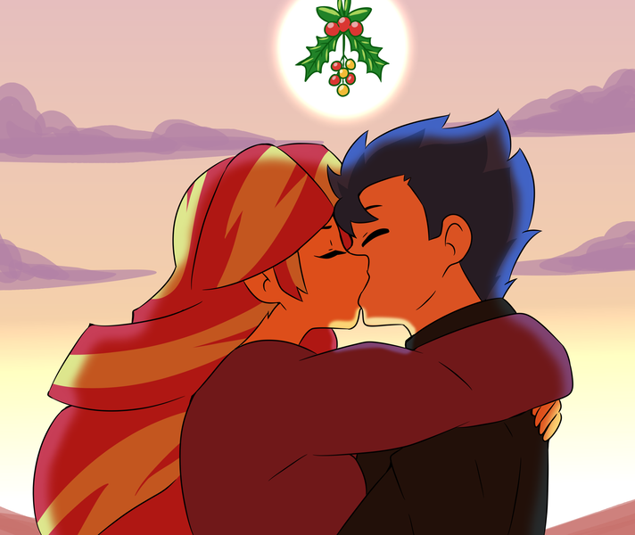 Size: 2200x1854 | Tagged: safe, artist:qsky, derpibooru import, flash sentry, sunset shimmer, human, equestria girls, g4, female, flashimmer, holly, holly mistaken for mistletoe, image, kissing, male, mistleholly, png, shipping, straight