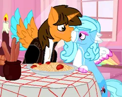 Size: 375x300 | Tagged: safe, artist:jemimasparkle, derpibooru import, oc, oc:ej, oc:jemima sparkle, g4, bella notte, breadsticks, candle, female, food, image, kissing, lady and the tramp, male, meatball, pasta, png, shipping, spaghetti, straight, table