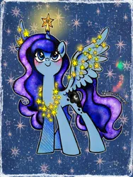 Size: 1536x2048 | Tagged: safe, artist:dariarchangel, derpibooru import, princess luna, alicorn, pony, g4, adorable face, alicorn wings, blue coat, blue eyes, blue hair, blue mane, blue tail, blushing, c:, christmas, christmas lights, christmas star, cute, cute face, cute smile, daaaaaaaaaaaw, dariarchangel is trying to murder us, ethereal hair, ethereal mane, ethereal tail, female, garland, glow, happy, hearth's warming, hearth's warming eve, hnnng, holiday, horn, horn accessory, image, jpeg, light, long hair, long mane, long tail, looking up, lunabetes, mare, passepartout, patterned background, pretty, princess, smiling, solo, sparkles, spread wings, standing, starry hair, starry mane, starry tail, stars, sweet dreams fuel, tail, too cute, traditional art, unicorn horn, wavy hair, wavy mane, wavy tail, weapons-grade cute, wings