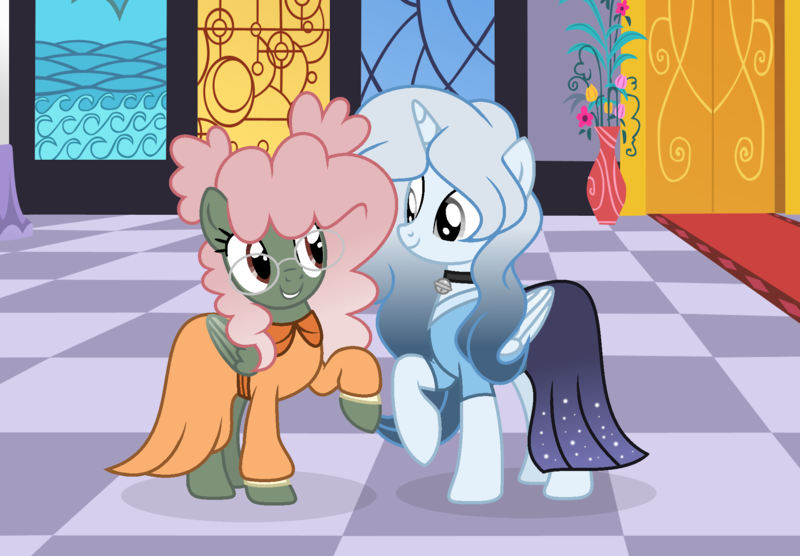 Size: 1997x1387 | Tagged: safe, artist:darbypop1, derpibooru import, oc, oc:melody everbelle, oc:pixie crystal, unofficial characters only, alicorn, pegasus, pony, clothes, dress, female, glasses, image, mare, png