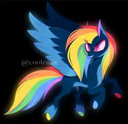 Size: 1585x1533 | Tagged: safe, artist:coolzaart, derpibooru import, rainbow dash, pegasus, pony, black background, colored hooves, evil grin, female, grin, hooves, image, jpeg, mare, nightmare rainbow dash, nightmarified, signature, simple background, smiling, solo