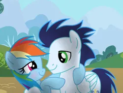 Size: 1280x968 | Tagged: safe, artist:soarindasher10, derpibooru import, rainbow dash, soarin', pegasus, pony, blushing, female, image, jpeg, looking at each other, looking at someone, male, mare, shipping, smiling, smiling at each other, soarindash, stallion, straight