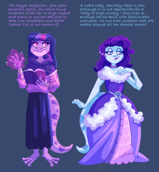 Size: 1779x1925 | Tagged: safe, artist:irisikiki, derpibooru import, part of a set, rarity, twilight sparkle, anthro, plantigrade anthro, g4, amphibia, bare shoulders, blue background, book, clothes, dark blue background, dress, duo, duo female, female, image, jewelry, magic, necklace, pearl necklace, png, simple background, species swap, text