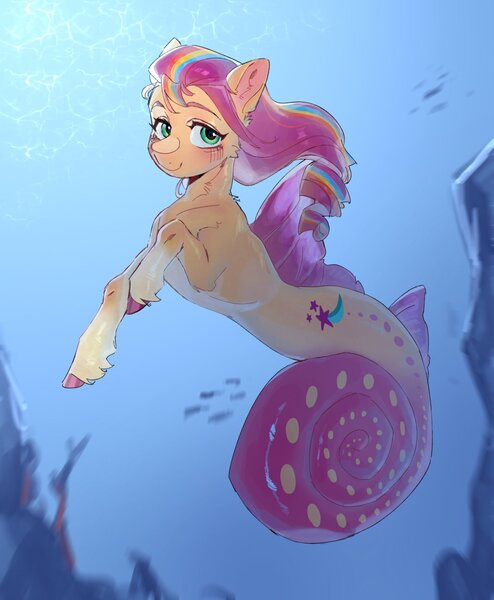 Size: 1685x2048 | Tagged: safe, artist:crayonin_wolf, derpibooru import, idw, sunny starscout, earth pony, seahorse, seapony (g4), g5, blushing, bubble, coat markings, colored, coral, cute, dorsal fin, eyebrows, female, fin, flowing mane, image, jpeg, long mane, long tail, looking at you, mane stripe sunny, my little pony: set your sail, ocean, ribcage, scales, seaponified, seapony sunny starscout, seaweed, smiling, smiling at you, socks (coat marking), solo, species swap, sternocleidomastoid, swimming, tail, underwater, unshorn fetlocks, water