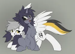 Size: 1469x1055 | Tagged: safe, artist:hioshiru, derpibooru import, oc, oc:kate, oc:kej, unofficial characters only, pegasus, pony, unicorn, belly fluff, biting, black and yellow, blushing, chest fluff, duo, duo male and female, ear fluff, female, horn, image, k+k, leg fluff, looking at each other, looking at someone, male, mare, nom, oc x oc, open mouth, pegasus oc, png, raised hoof, shipping, sitting, slender, spread wings, stallion, straight, striped tail, tail, tail bite, thin, unicorn oc, wings