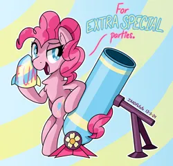 Size: 2158x2072 | Tagged: safe, artist:notadeliciouspotato, derpibooru import, pinkie pie, earth pony, pony, g4, abstract background, bipedal, bipedal leaning, chest fluff, female, image, leaning, lidded eyes, mare, mortar, open mouth, open smile, partillery, png, rocket, signature, smiling, solo, speech bubble