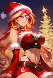 Size: 832x1216 | Tagged: suggestive, ai content, derpibooru import, generator:civitai, machine learning generated, prompter:doublerainbow, stable diffusion, sunset shimmer, human, g4, belly, belly button, big breasts, breasts, busty sunset shimmer, christmas, christmas tree, clothes, costume, female, generator:pony diffusion v6 xl, hat, holiday, humanized, image, jpeg, looking at you, night, outdoors, santa costume, santa hat, smiling, smiling at you, solo, solo female, stupid sexy sunset shimmer, tree