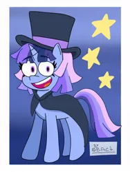 Size: 780x1040 | Tagged: safe, artist:garybaldor, derpibooru import, oc, oc:flawless sparklemoon, unofficial characters only, pony, unicorn, cape, clothes, female, fusion, fusion:trixie, fusion:twilight sparkle, fusion:twixie, gradient background, hat, horn, image, jpeg, mare, my little pony the movie: the death of twilight sparkle, signature, smiling, solo, stars