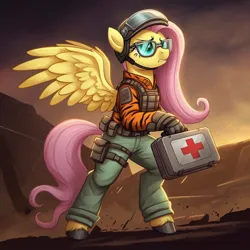 Size: 1024x1024 | Tagged: safe, ai content, derpibooru import, generator:google imagen 3.0, machine learning generated, prompter:zerowinger, fluttershy, anthro, pegasus, unguligrade anthro, series:g.i. pony: a real equestrian hero, badass, clothes, combat medic, cosplay, costume, cute, female, field medic, first aid kit, flutterbadass, g.i. joe, helmet, image, jpeg, lifeline, medic, military uniform, rescue trooper, shyabetes, solo, spread wings, sunglasses, tactical vest, tiger force, uniform, wings