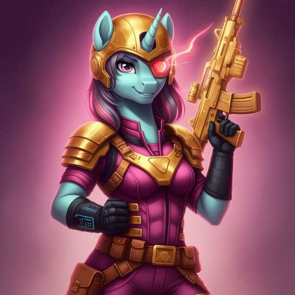 Size: 1024x1024 | Tagged: safe, ai content, derpibooru import, generator:google imagen 3.0, machine learning generated, prompter:zerowinger, sunny flare, ponified, anthro, pony, unicorn, series:g.i. pony: a real equestrian hero, g4, assault rifle, clothes, cosplay, costume, equestria girls anthropized, equestria girls ponified, female, g.i. joe, gloves, gradient background, gun, helmet, horn, image, iron grenadiers, jpeg, military uniform, optical sight, rifle, smiling, solo, sunny flare's wrist devices, uniform, voltar, weapon