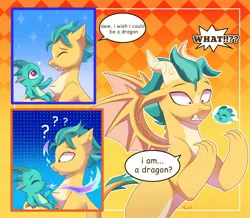 Size: 2048x1788 | Tagged: safe, artist:maxi_ponie, derpibooru import, hitch trailblazer, sparky sparkeroni, dragon, earth pony, pony, series:dragon au, g5, alternate universe, baby, baby dragon, comic, dragonfire, dragonified, duo, duo male, image, jpeg, male, question mark, species swap, stallion, wish