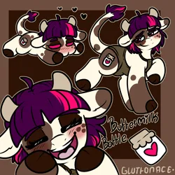 Size: 2000x2000 | Tagged: safe, artist:sexygoatgod, derpibooru import, oc, oc:buttermilk bottle, unofficial characters only, cow, cow pony, hybrid, pony, bust, chibi, clothes, female, image, jumart, laughing, png, reference sheet, solo