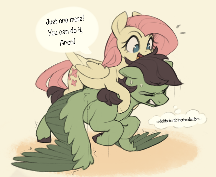 Size: 1849x1516 | Tagged: safe, artist:nookprint, derpibooru import, fluttershy, oc, oc:anon stallion, pegasus, pony, duo, eyes closed, female, gritted teeth, image, male, mare, on top, png, speech bubble, stallion, teeth, thought bubble, wing-ups