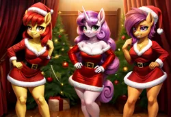 Size: 760x520 | Tagged: safe, ai content, derpibooru import, machine learning generated, prompter:dordrago, apple bloom, scootaloo, sweetie belle, anthro, earth pony, pegasus, unicorn, g4, belt, breasts, busty apple bloom, busty cmc, busty scootaloo, busty sweetie belle, christmas, christmas tree, clothes, costume, cutie mark crusaders, dress, female, gift wrapped, hat, holiday, horn, image, minidress, ornaments, png, present, santa costume, santa hat, sexy, smiling, stupid sexy apple bloom, stupid sexy scootaloo, stupid sexy sweetie belle, tree, trio, trio female, wingless, wingless anthro