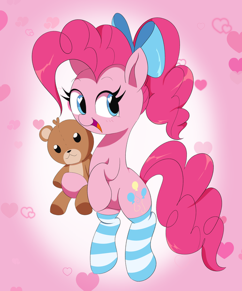 Size: 2500x3000 | Tagged: safe, artist:spoonie, derpibooru import, pinkie pie, bear, earth pony, pony, bipedal, bow, clothes, cute, diapinkes, female, hair bow, happy, heart, image, mare, open mouth, open smile, plushie, png, smiling, socks, solo, teddy bear