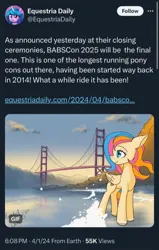 Size: 584x920 | Tagged: safe, artist:hauntedtuba, derpibooru import, oc, oc:golden gates, unofficial characters only, pegasus, pony, babscon, beach, female, freckles, golden gate bridge, image, jpeg, mare, meta, solo, twitter, wave, wind, windswept mane