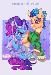 Size: 1984x2880 | Tagged: safe, artist:zackchibi, derpibooru import, hitch trailblazer, earth pony, pony, unicorn, g5, armor, clothes, cosplay, costume, duo, duo male and female, female, high res, horn, hunter x hunter, image, jacket, male, mare, misty brightdawn, passepartout, png, ponytober, ponytober 2024, rebirth misty, signature, sitting, spear, stallion, text, weapon