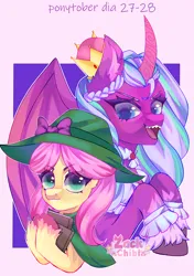 Size: 2238x3175 | Tagged: safe, artist:zackchibi, derpibooru import, posey (g5), alicorn, earth pony, pony, g5, book, bow, bust, cloak, clothes, cosplay, costume, crown, duo, duo female, female, hat, high res, image, jewelry, mare, opaline arcana, open mouth, open smile, png, ponytober, ponytober 2024, regalia, sharp teeth, smiling, teeth