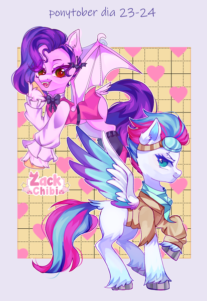 Size: 1984x2880 | Tagged: safe, artist:zackchibi, derpibooru import, pipp petals, zipp storm, bat pony, pegasus, pony, undead, vampire, vampony, g5, bat ponified, clothes, cosplay, costume, duo, duo female, fangs, female, goggles, goggles on head, high res, image, mare, passepartout, png, ponytober, ponytober 2024, race swap, royal sisters (g5), siblings, sisters, standing on two hooves, unshorn fetlocks