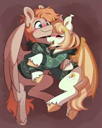 Size: 2000x2500 | Tagged: safe, artist:lionbun, derpibooru import, oc, oc:honey milk, oc:jarvis yarbrough, bat pony, pegasus, pony, bat pony oc, bat wings, blushing, christmas, christmas sweater, clothes, commission, couple, cute, female, holiday, hoodie, hug, image, male, mare, pegasus oc, png, stallion, sweater, wholesome, wings, ych result