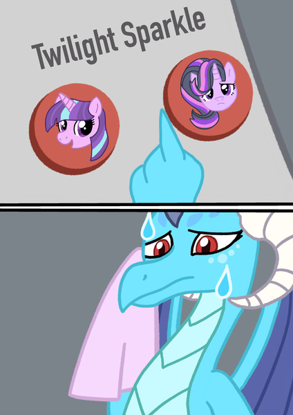 Size: 1447x2048 | Tagged: safe, artist:open-the-future, derpibooru import, princess ember, starlight glimmer, twilight sparkle, dragon, pony, unicorn, g4, bust, button, buttons, comic, confused, gray background, horn, image, jpeg, looking at you, looking down, meme, open mouth, simple background, smiling, sweat, towel