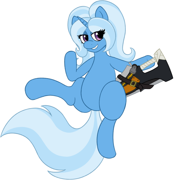 Size: 1837x1872 | Tagged: safe, artist:ligmire, derpibooru import, trixie, pony, unicorn, g4, derpibooru exclusive, guilty gear, horn, image, png, reference, solo, weapon