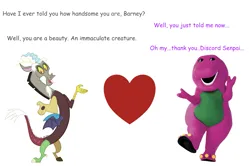 Size: 1827x1216 | Tagged: safe, derpibooru import, discord, dinosaur, g4, barney the dinosaur, heart, image, love, png, shipping, simple background, smiling, text, white background