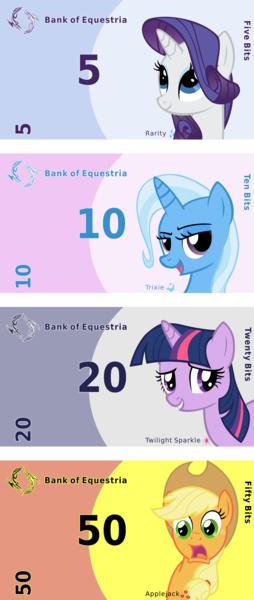 Size: 2000x4730 | Tagged: safe, artist:the smiling pony, derpibooru import, edit, applejack, rarity, trixie, twilight sparkle, earth pony, pony, unicorn, derpibooru, g4, bank note, banknote, banknotes, bits, currency, female, horn, image, mare, meta, meta:explicit, meta:questionable, meta:safe, meta:suggestive, png, pun, spoiler image, spoilered image joke, unicorn twilight