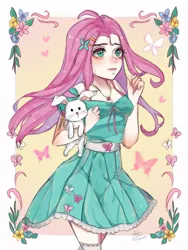 Size: 768x1024 | Tagged: safe, artist:rricecake_, derpibooru import, fluttershy, butterfly, human, insect, rabbit, equestria girls, g4, animal, clothes, dress, female, hairclip, image, jewelry, jpeg, light skin, long hair, necklace, pale skin, signature, socks, solo, stockings, thigh highs