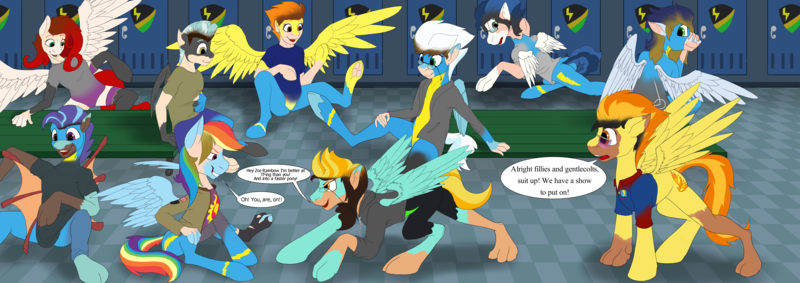 Size: 7016x2480 | Tagged: safe, artist:settop, derpibooru import, blaze, fleetfoot, high winds, lightning dust, rainbow dash, soarin', spitfire, thunderlane, oc, oc:gingersnaps, human, pegasus, pony, g4, absurd resolution, clothes, costume, female, group, human to pony, image, locker room, male, mid-transformation, png, shadowbolts costume, sitting, speech bubble, transformation, transgender transformation, uniform, wonderbolts, wonderbolts uniform