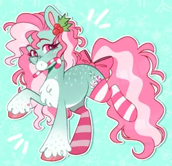 Size: 1326x1280 | Tagged: safe, artist:wanderingpegasus, derpibooru import, minty, earth pony, pony, g3, candy, candy cane, clothes, food, holly, image, mouth hold, png, socks, solo, striped socks, unshorn fetlocks