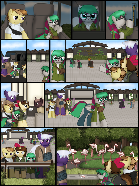 Size: 1750x2333 | Tagged: safe, artist:99999999000, derpibooru import, oc, oc:firearm king, oc:li anna, oc:mar baolin, oc:zhang cathy, unofficial characters only, bird, earth pony, flamingo, pegasus, unicorn, comic:affection, car, comic, female, glasses, horn, image, png, taipei, taiwan, van, zoo