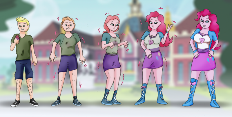 Size: 1600x809 | Tagged: safe, artist:tf-plaza, derpibooru import, pinkie pie, human, equestria girls, g4, clothes, cupcake, female, food, image, male, png, transformation, transformation sequence, transforming clothes, transgender transformation