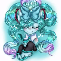 Size: 720x721 | Tagged: safe, artist:kayomii, derpibooru import, ponified, earth pony, pony, anime, bow, clothes, female, hair bow, hatsune miku, image, jpeg, leg warmers, mare, necktie, shirtless shirt collar, solo, unshorn fetlocks, vocaloid