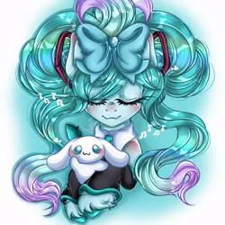 Size: 720x721 | Tagged: safe, alternate version, artist:kayomii, derpibooru import, ponified, dog, earth pony, pony, anime, bow, cinnamoroll, clothes, duo, female, hair bow, hatsune miku, image, jpeg, leg warmers, mare, necktie, shirtless shirt collar, unshorn fetlocks, vocaloid